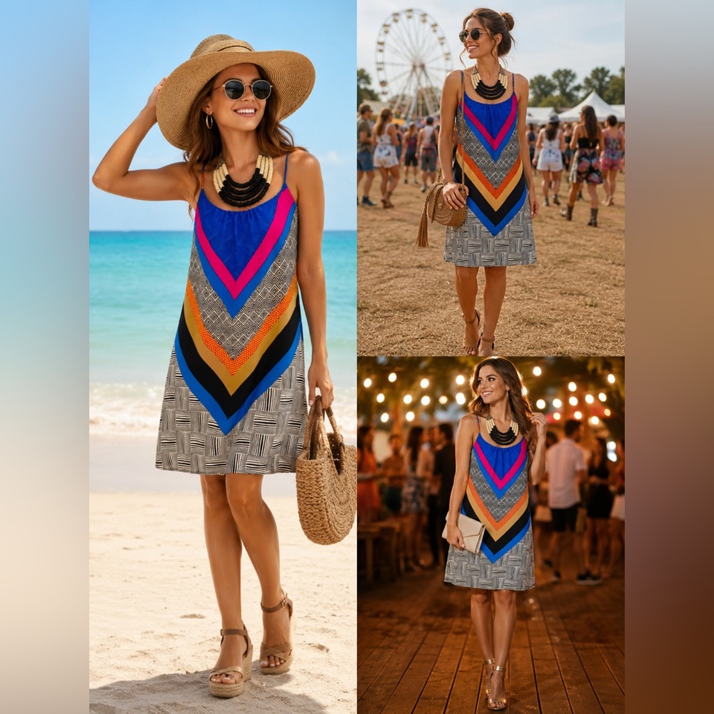 vestique Blue Pink Orange Chevron Slip Maxi Dress